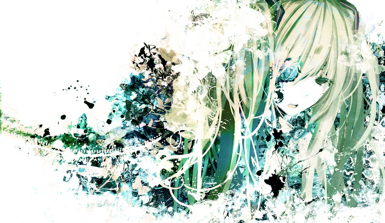animal, butterfly, flowers, green_eyes, green_hair, hatsune_miku, long_hair, polychromatic, ruuya_higashino, twintails, vocaloid, white