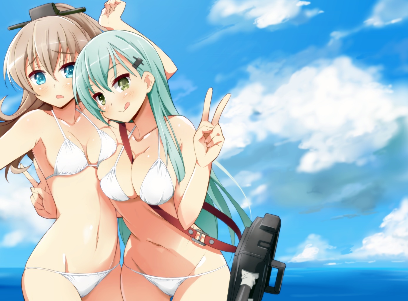 2girls, 9law, anthropomorphism, bikini, blush, breasts, cleavage, kantai_collection, kumano_(kancolle), navel, suzuya_(kancolle), swimsuit, tagme