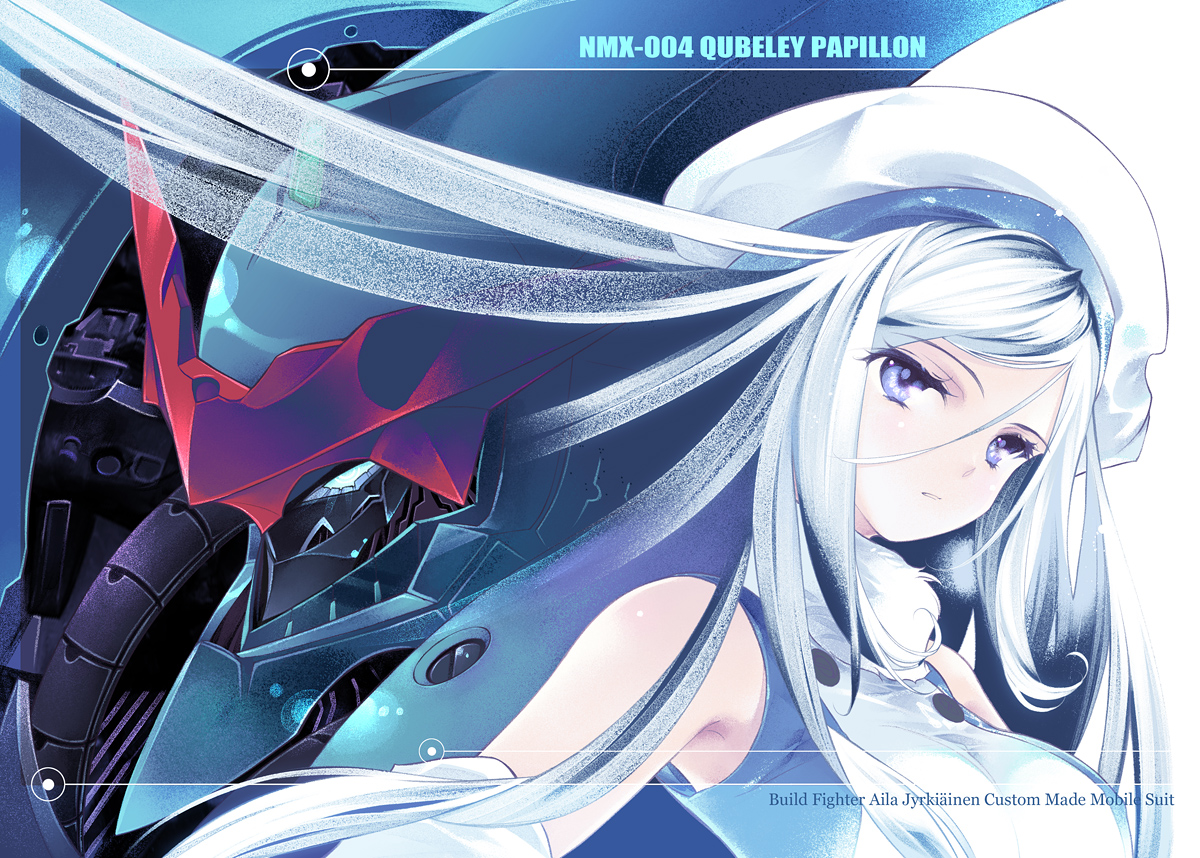 aila_jyrkiainen, blue_eyes, gundam_build_fighters, gundam_(series), hat, long_hair, sumi_keiichi, white_hair