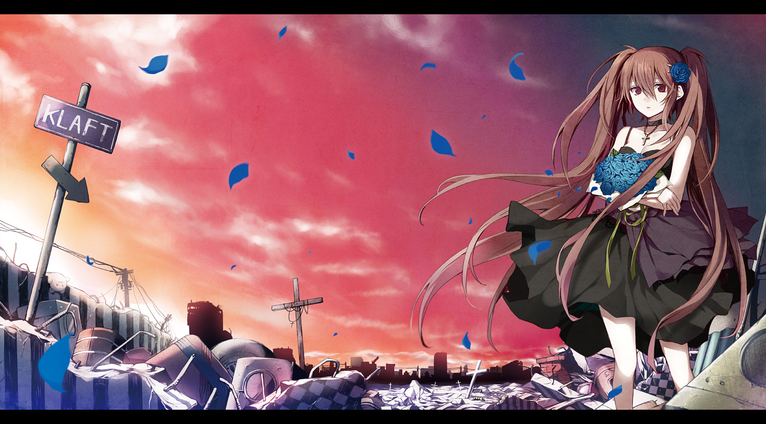 arisaka_ako, brown_hair, building, choker, city, clouds, cross, dress, flowers, long_hair, necklace, original, petals, red_eyes, rose, ruins, sky, sunset, twintails