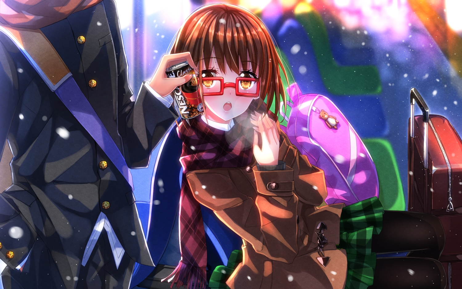 brown_hair, drink, glasses, miho_(cross_road), school_uniform, shouta, snow, swordsouls, z-kai:_cross_road