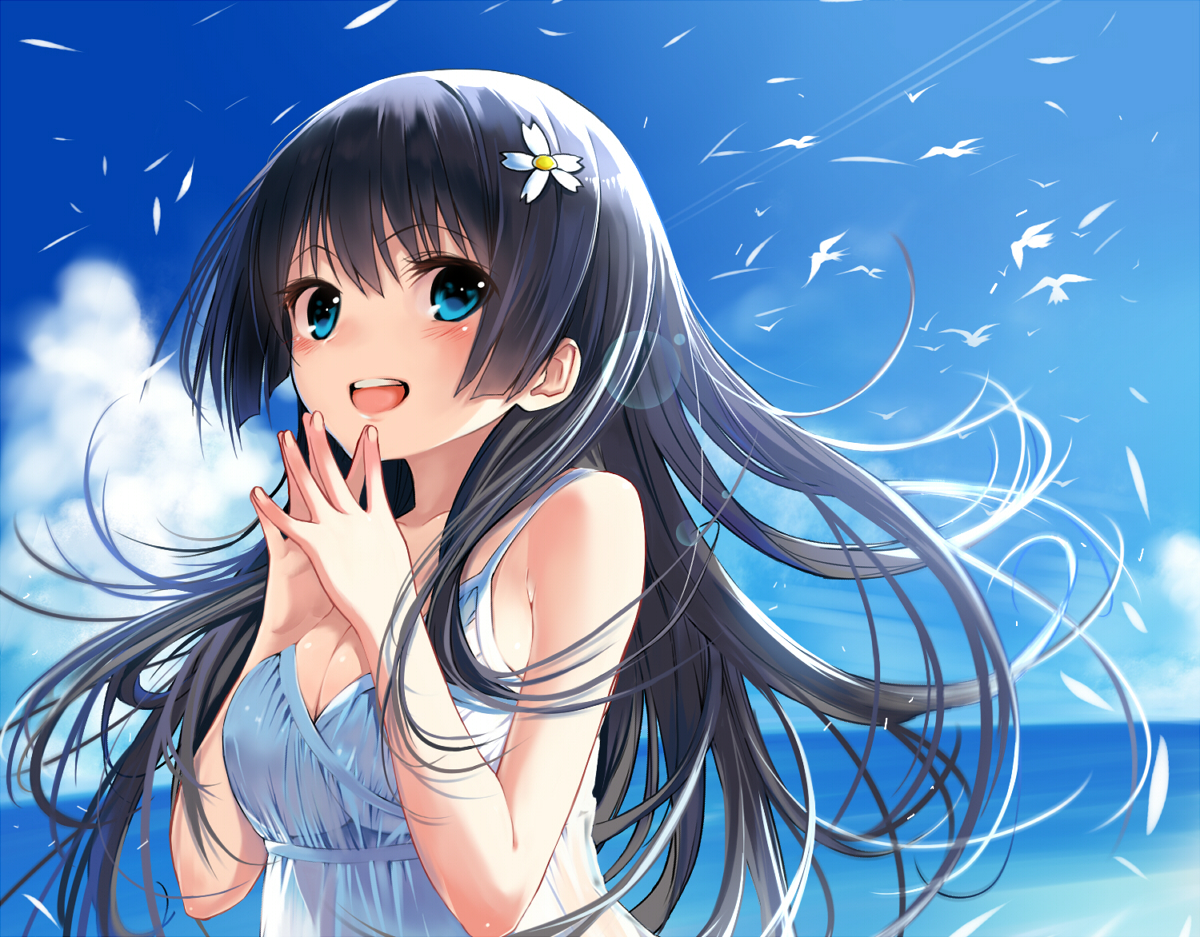 animal, bird, black_hair, blue_eyes, breasts, cleavage, clouds, dress, kawakami_masaki, long_hair, saten_ruiko, see_through, sky, to_aru_kagaku_no_railgun, to_aru_majutsu_no_index, underboob, water
