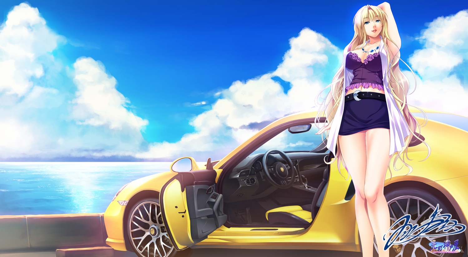 blonde_hair, breasts, car, cleavage, clouds, grisaia_no_kajitsu, harudera_yuria, hozumi_kaoru, long_hair, skirt, sky