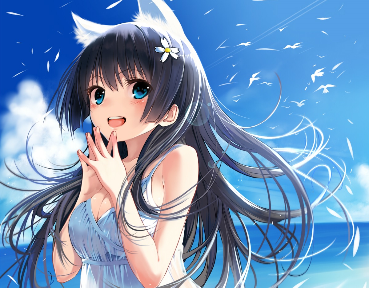 animal, animal_ears, bird, black_hair, blue_eyes, breasts, cleavage, clouds, dress, feathers, kawakami_masaki, long_hair, saten_ruiko, see_through, sky, to_aru_kagaku_no_railgun, to_aru_majutsu_no_index, underboob, water