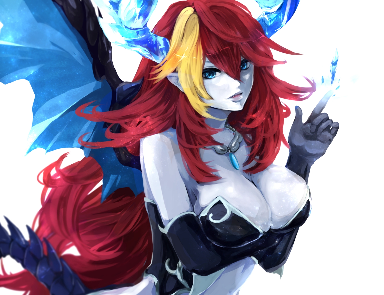 breasts, cleavage, elbow_gloves, gloves, hera_(p&d), horns, kuroame, necklace, puzzle_&_dragons, red_hair, wings