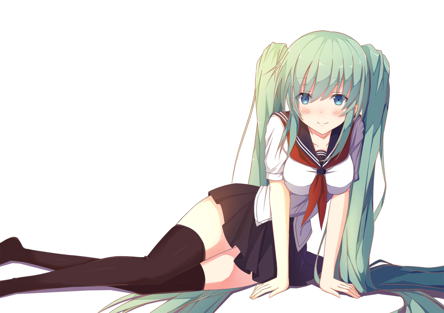 aqua_hair, hatsune_miku, long_hair, school_uniform, thighhighs, tianya_beiming, twintails, vocaloid, white
