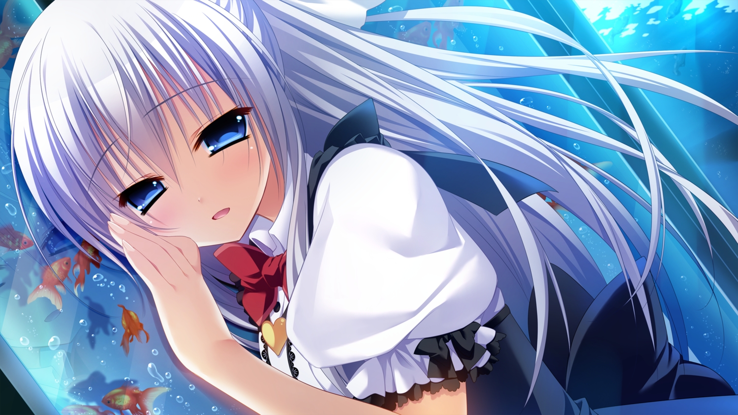animal, ayashiro_kagari, blue_eyes, fish, front_wing, game_cg, innocent_girl, long_hair