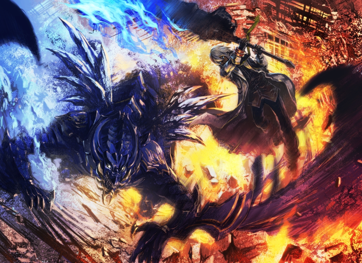 all_male, blue_eyes, building, fire, gloves, god_eater, god_eater_2, kopa, male, short_hair, soma_schicksal, sword, weapon, white_hair