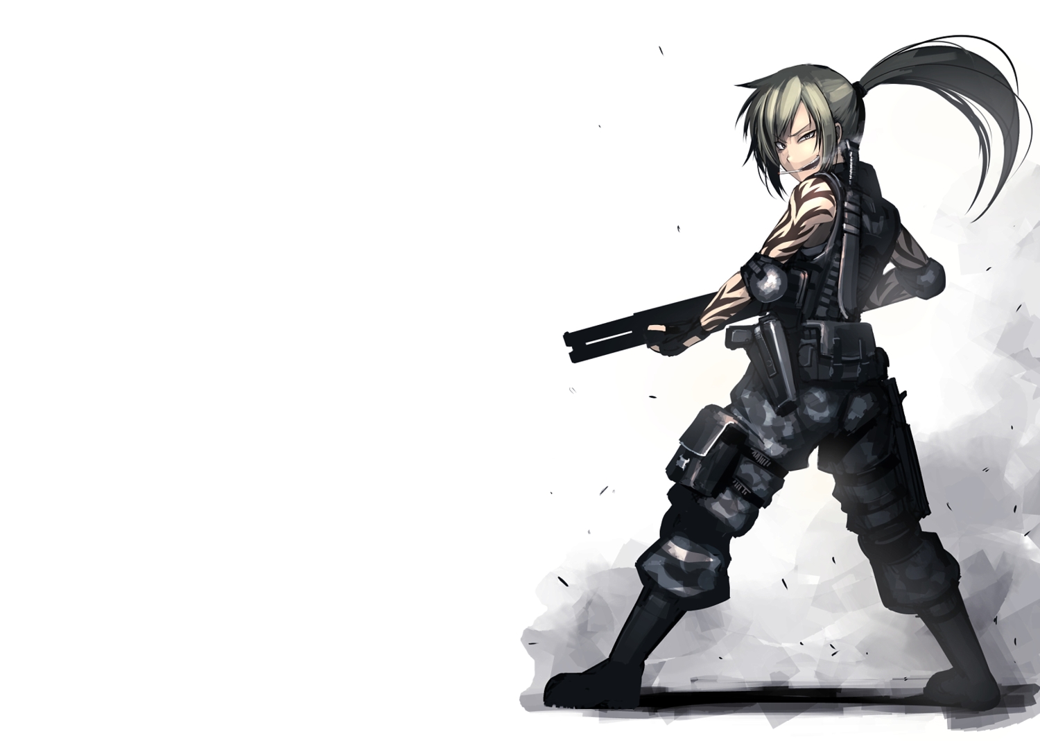 armor, blonde_hair, boots, cigarette, gun, hellshock, knife, long_hair