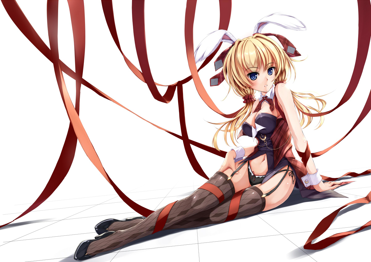animal_ears, blonde_hair, blue_eyes, bunny_ears, bunnygirl, garter_belt, hapymaher, kestrel