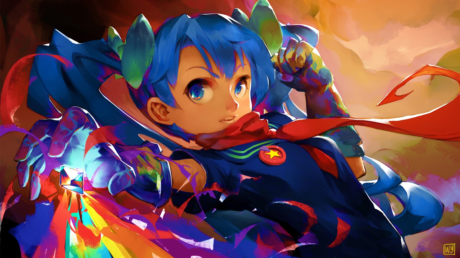 blue_eyes, blue_hair, gloves, original, sleepy91, twintails