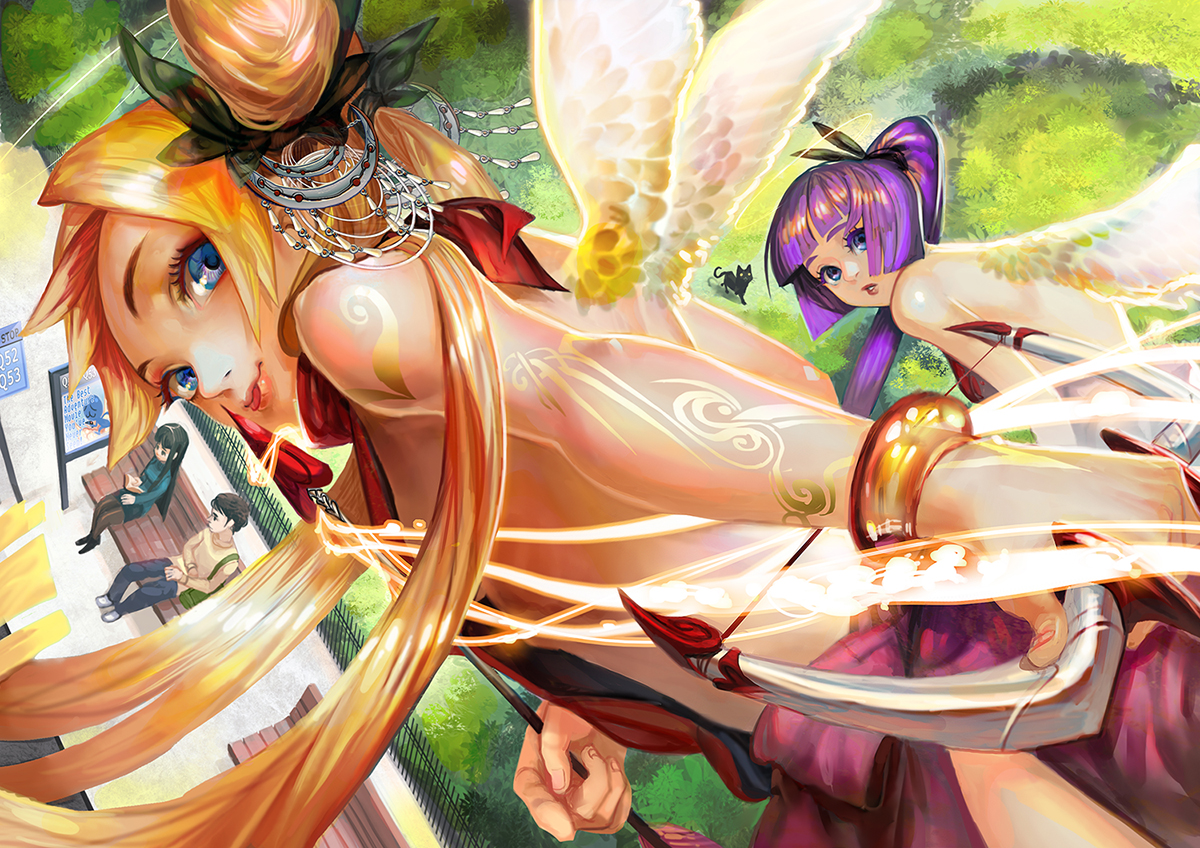 angel, b.c.n.y., blonde_hair, blue_eyes, bow_(weapon), fairy, original, weapon