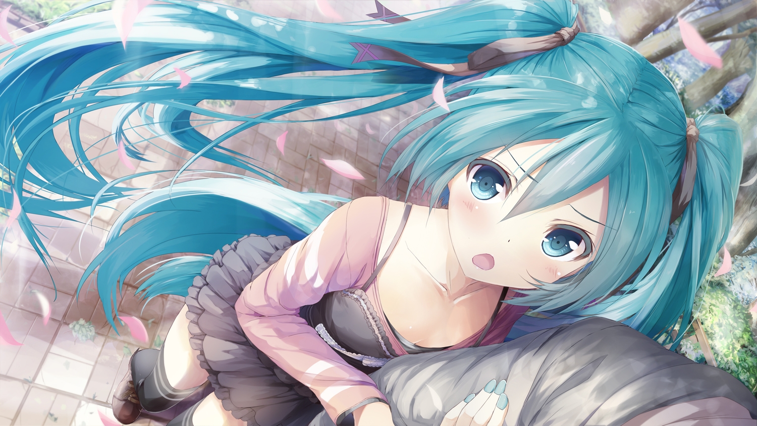 aqua_eyes, aqua_hair, daidou_(demitasse), dress, hatsune_miku, long_hair, petals, twintails