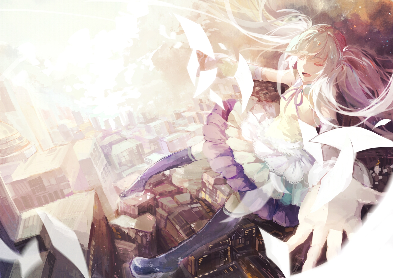 azalea, building, city, clouds, dress, hatsune_miku, paper, skirt, sky, thighhighs, twintails, vocaloid