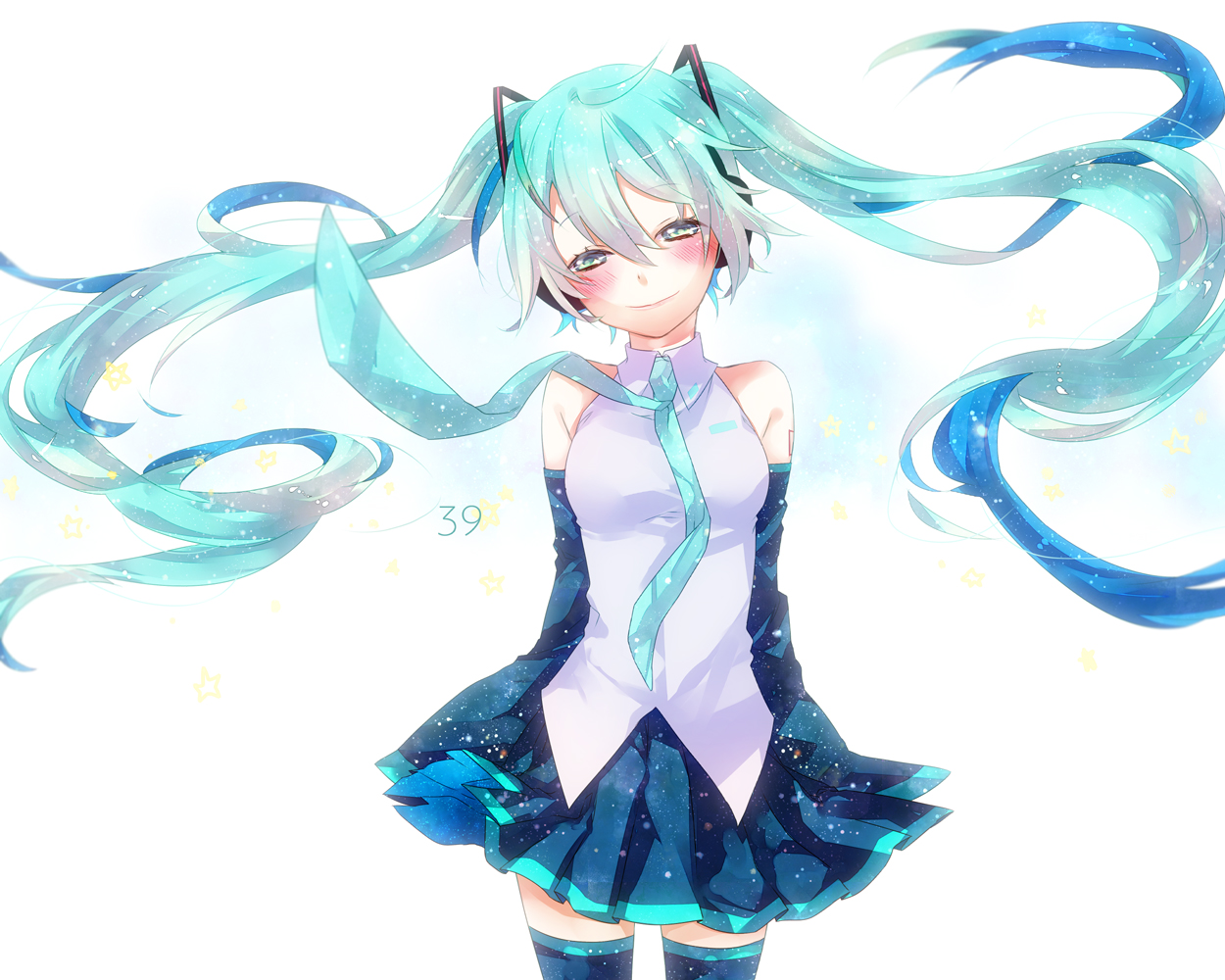 aqua_eyes, aqua_hair, blush, hatsune_miku, long_hair, mochi_(kokologic), skirt, tie, twintails, vocaloid, zettai_ryouiki