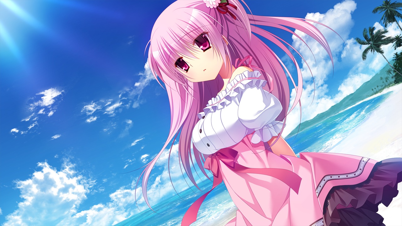 beach, clouds, dress, front_wing, game_cg, innocent_girl, long_hair, midou_konoka