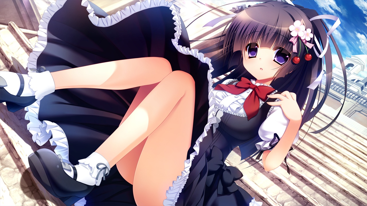 black_hair, bow, dress, front_wing, game_cg, innocent_girl, long_hair, nanaca_mai, nanami_hinako, purple_eyes, socks, stairs