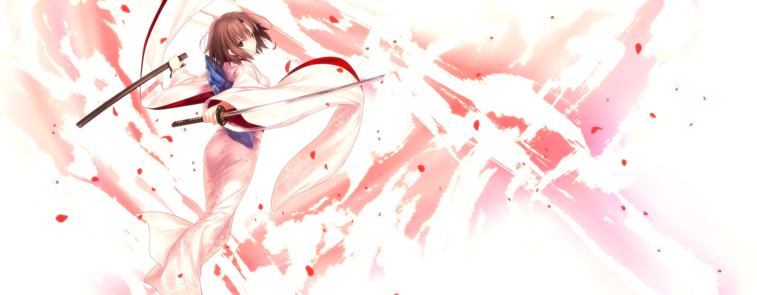 brown_eyes, brown_hair, dualscreen, japanese_clothes, kara_no_kyoukai, katana, kimono, petals, ryougi_shiki, short_hair, sword, takeuchi_takashi, type-moon, weapon