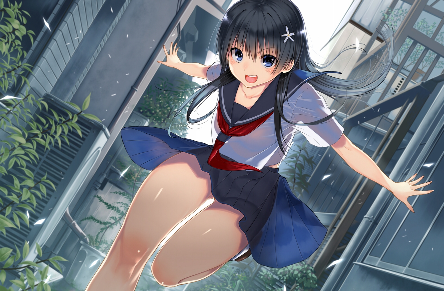 black_hair, blue_eyes, building, kawakami_masaki, leaves, long_hair, nopan, saten_ruiko