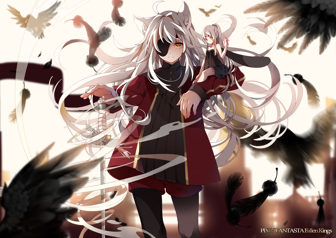 animal_ears, eyepatch, fairy, feathers, long_hair, mia0309, original, pixiv_fantasia, sword, weapon, white_hair, yellow_eyes