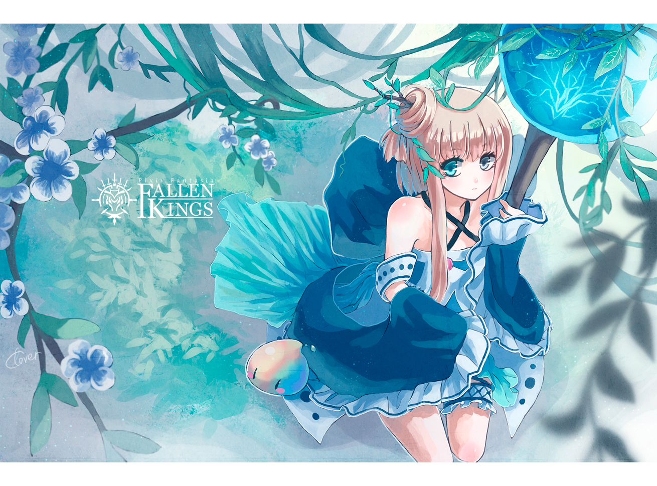 blonde_hair, blue_eyes, deuria, dress, flowers, li_luo, long_hair, original