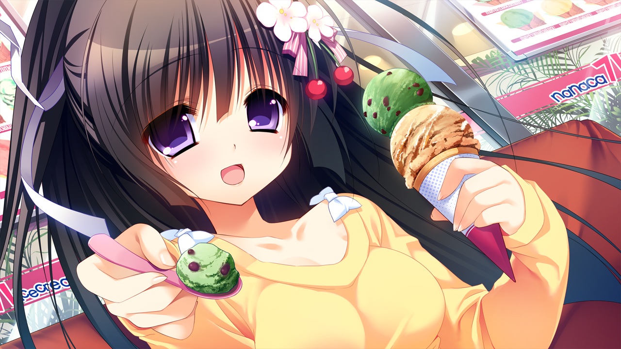 black_hair, food, front_wing, game_cg, ice_cream, innocent_girl, long_hair, nanaca_mai