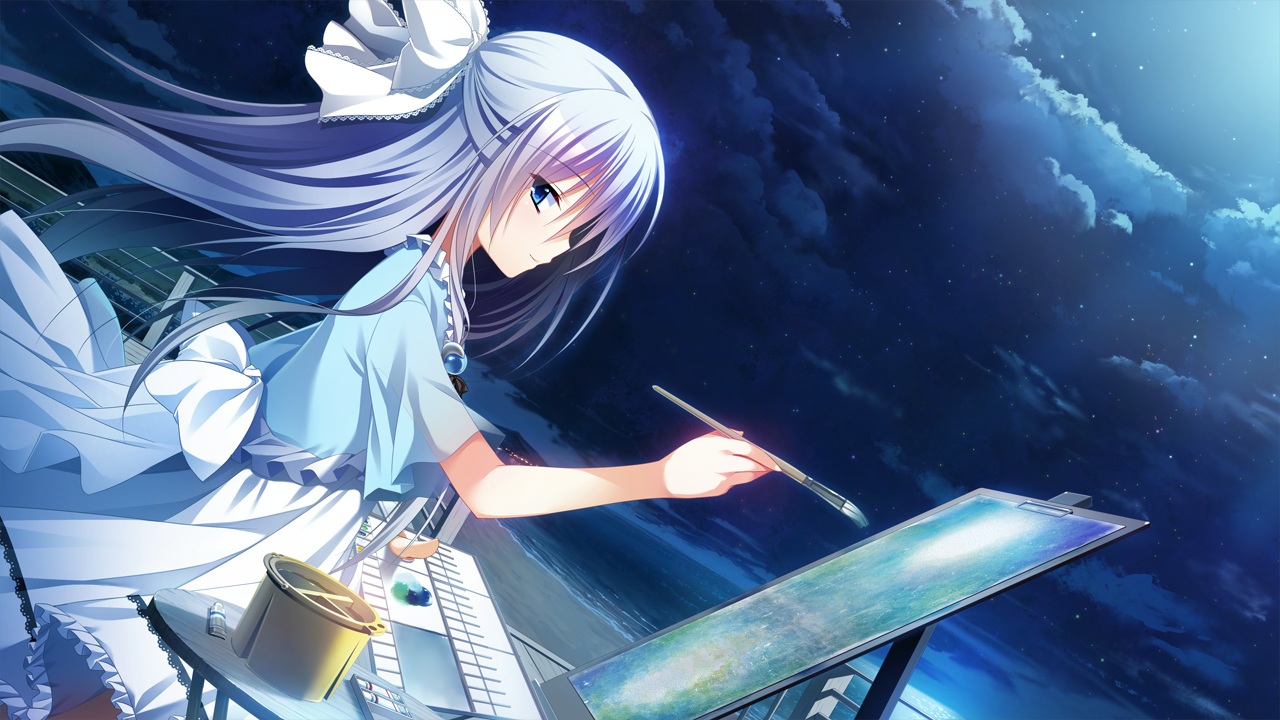 ayashiro_kagari, beach, blue_eyes, bow, clouds, dress, front_wing, game_cg
