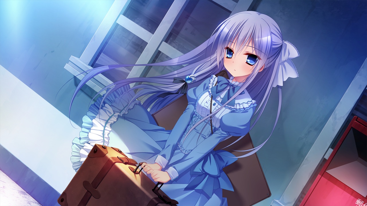 ayashiro_kagari, blue_eyes, bow, dress, front_wing, game_cg, innocent_girl, long_hair