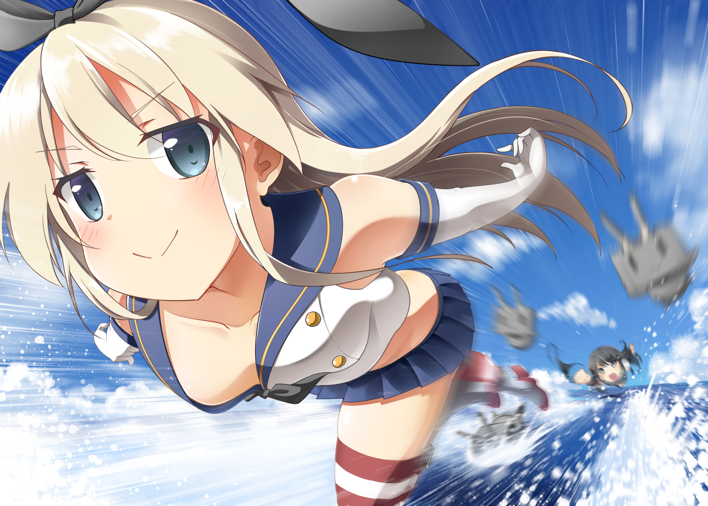 2girls, anthropomorphism, asashio_(kancolle), bell_(oppore_coppore), blonde_hair, blue_eyes, kantai_collection, rensouhou-chan, ribbons, school_uniform, shimakaze_(kancolle), skirt, zettai_ryouiki
