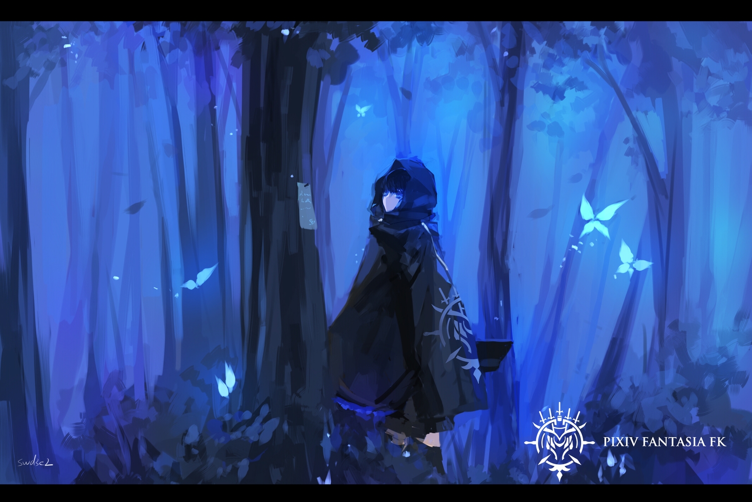 black_hair, blue_eyes, butterfly, cape, dark, forest, original, paradise_(pffk)