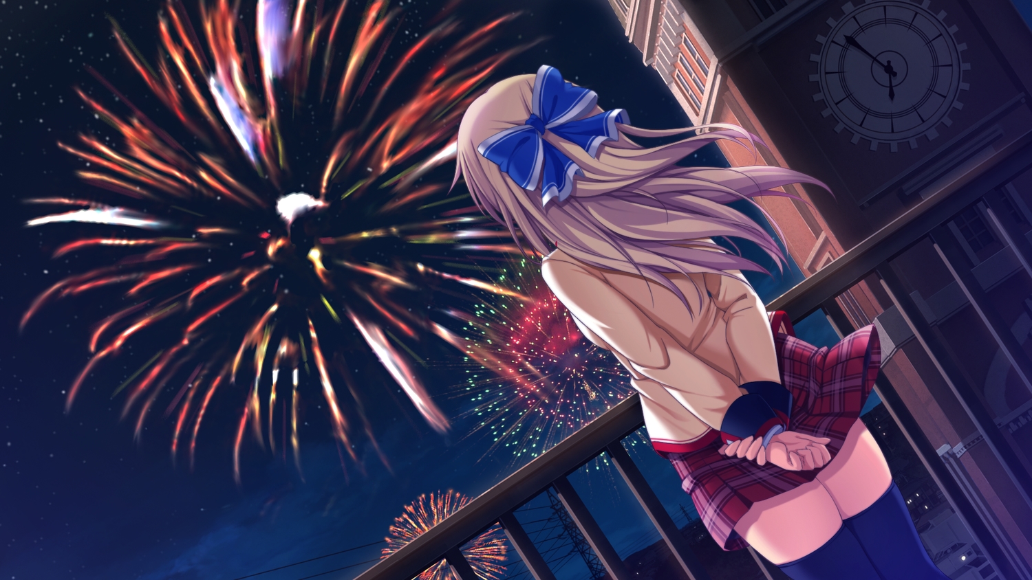 blonde_hair, bow, fireworks, game_cg, long_hair, love_of_renai_koutei_of_love!, night, ootori_erika