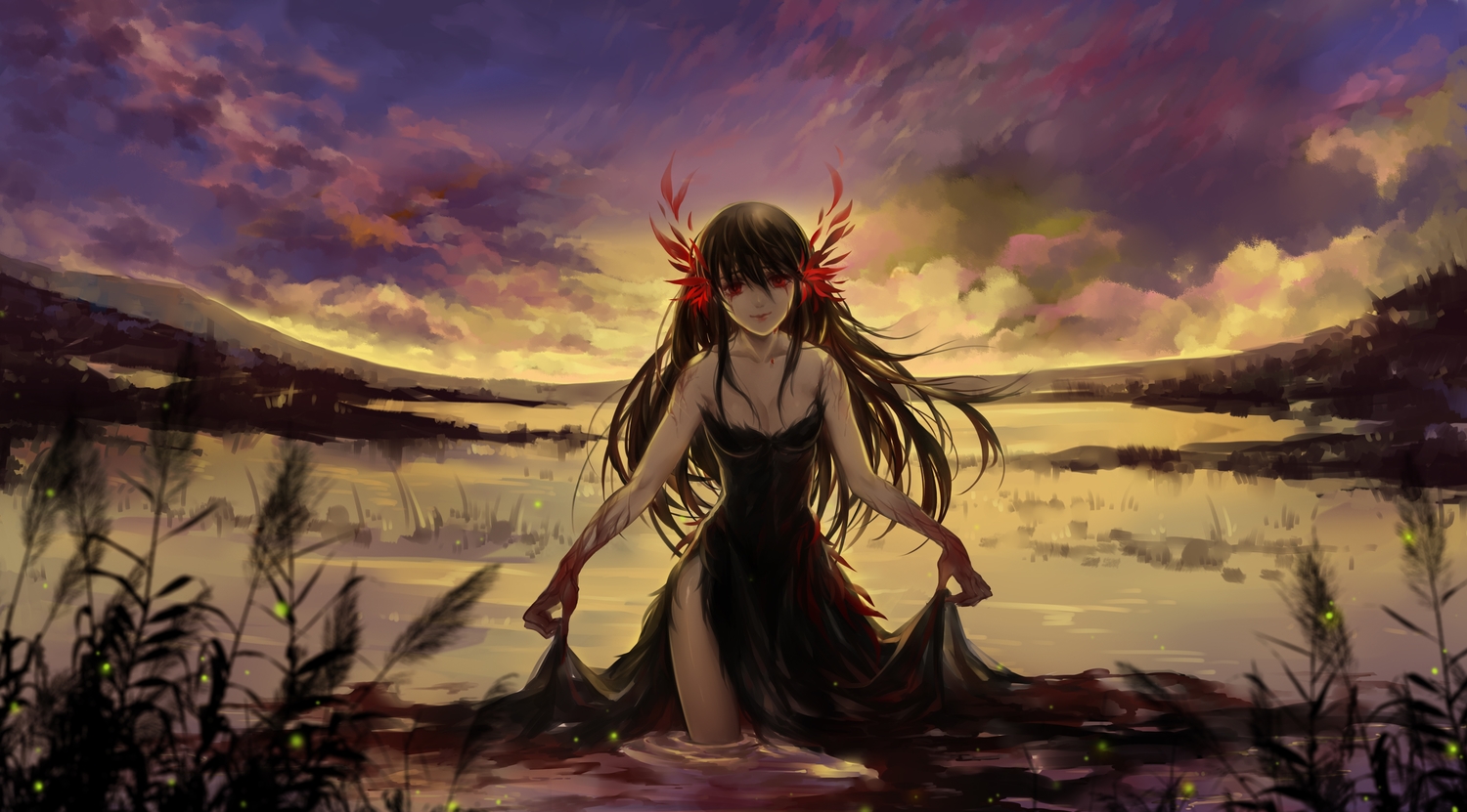 black_hair, blood, breasts, cleavage, clouds, dress, huazha01, long_hair, original, red_eyes, sky, tears, water