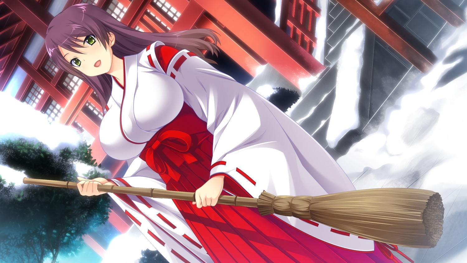 baka_moe_heart_ni_ai_wo_komete!, brown_hair, ebihara_honoka, game_cg, green_eyes, japanese_clothes, long_hair, makoto_(artist), miko, praline, snow, stairs, tree