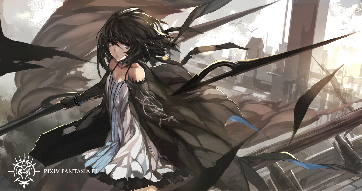 black_eyes, black_hair, cape, cross, dress, original, paradise_(pffk), pixiv_fantasia