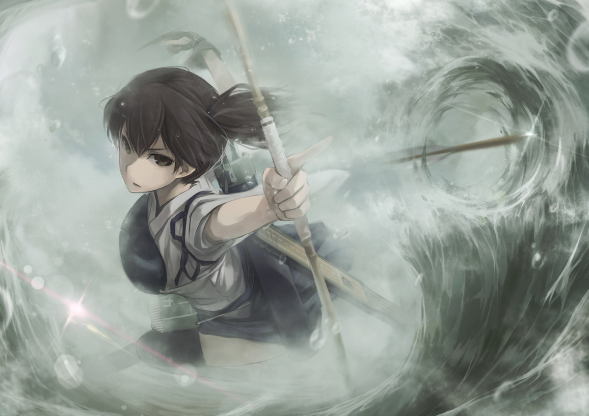 anthropomorphism, bow_(weapon), brown_hair, green_eyes, japanese_clothes, kaga_(kancolle), kantai_collection, lif_(lif-ppp)