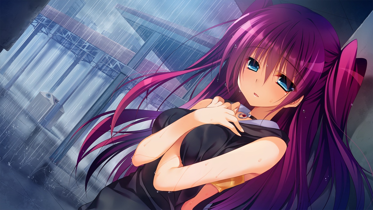 blue_eyes, front_wing, game_cg, innocent_girl, long_hair, nanaca_mai, ousaka_kanae, rain, red_hair, water, wet