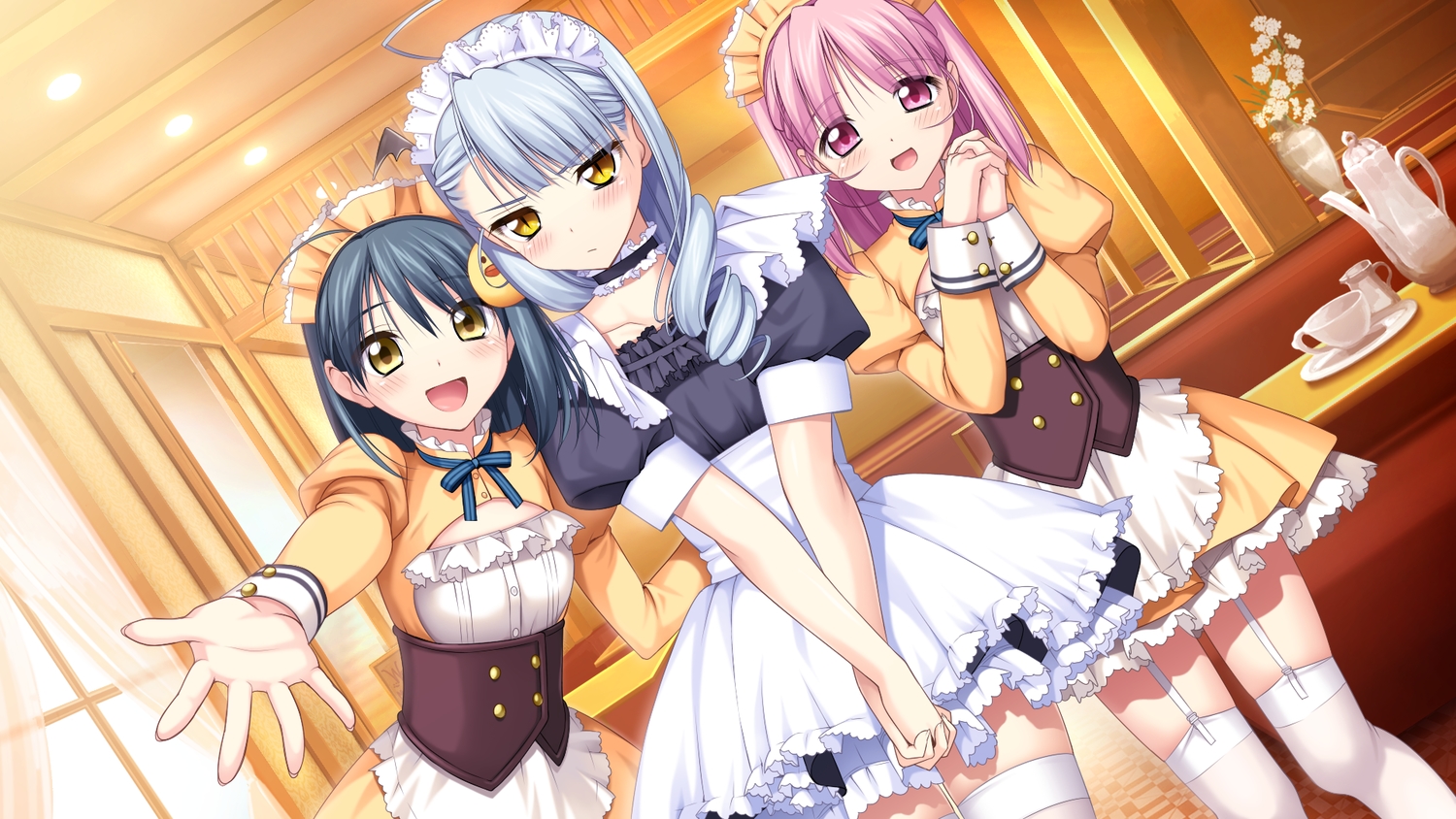 game_cg, gray_hair, hikari_gi_inaho, kinoshita_mio, kusunoki_chitose, long_hair, love_of_renai_koutei_of_love!, maid, oozora_itsuki, pink_eyes, pink_hair, yellow_eyes