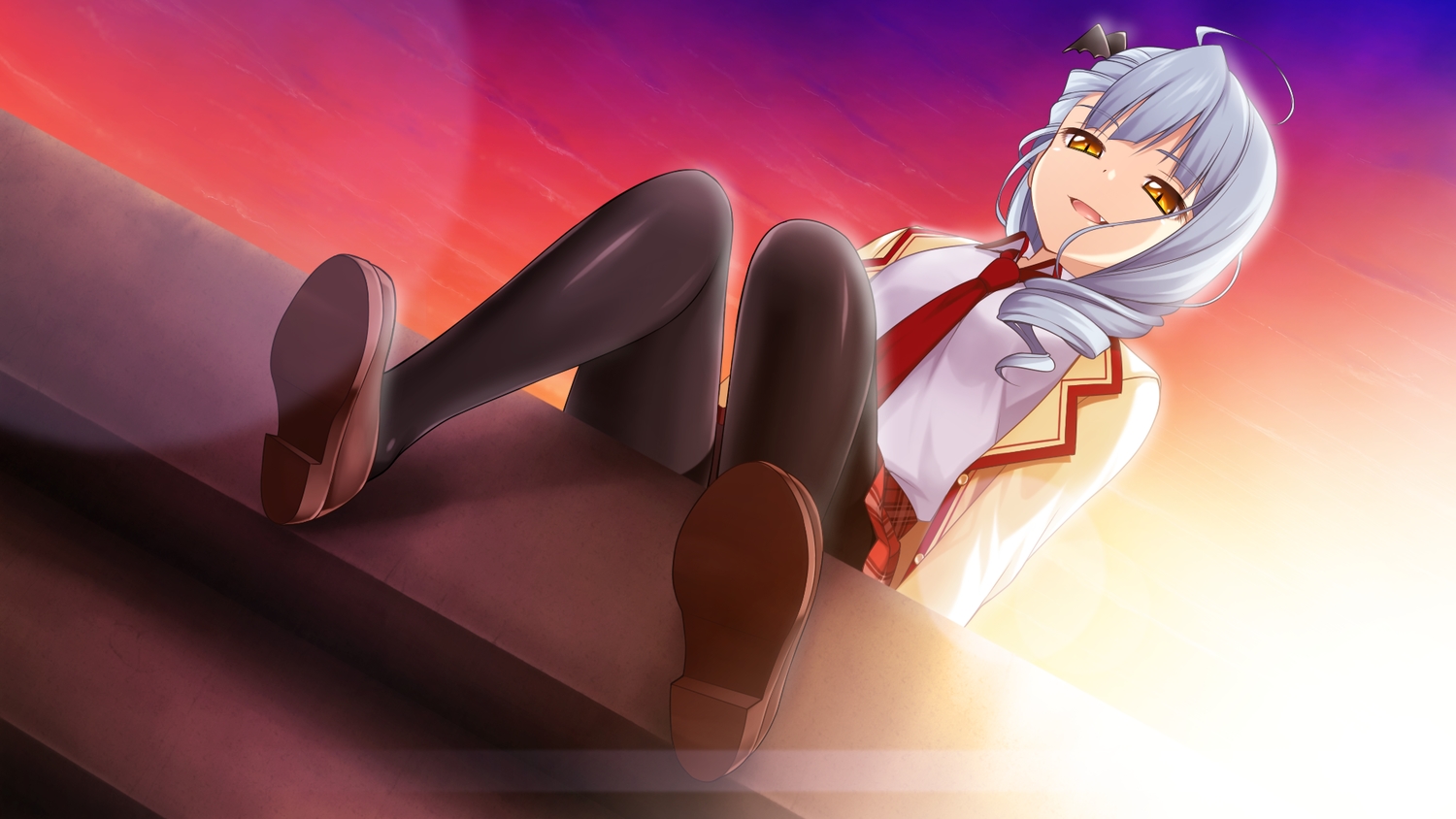 game_cg, gray_hair, hikari_gi_inaho, long_hair, love_of_renai_koutei_of_love!, oozora_itsuki, school_uniform, skirt, sky, thighhighs, yellow_eyes