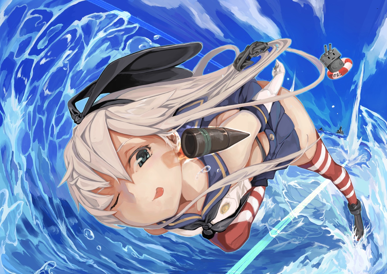 anthropomorphism, blue_eyes, gray_hair, kantai_collection, rensouhou-chan, shimakaze_(kancolle), swim_ring, thighhighs, water, wink, yes_warabi