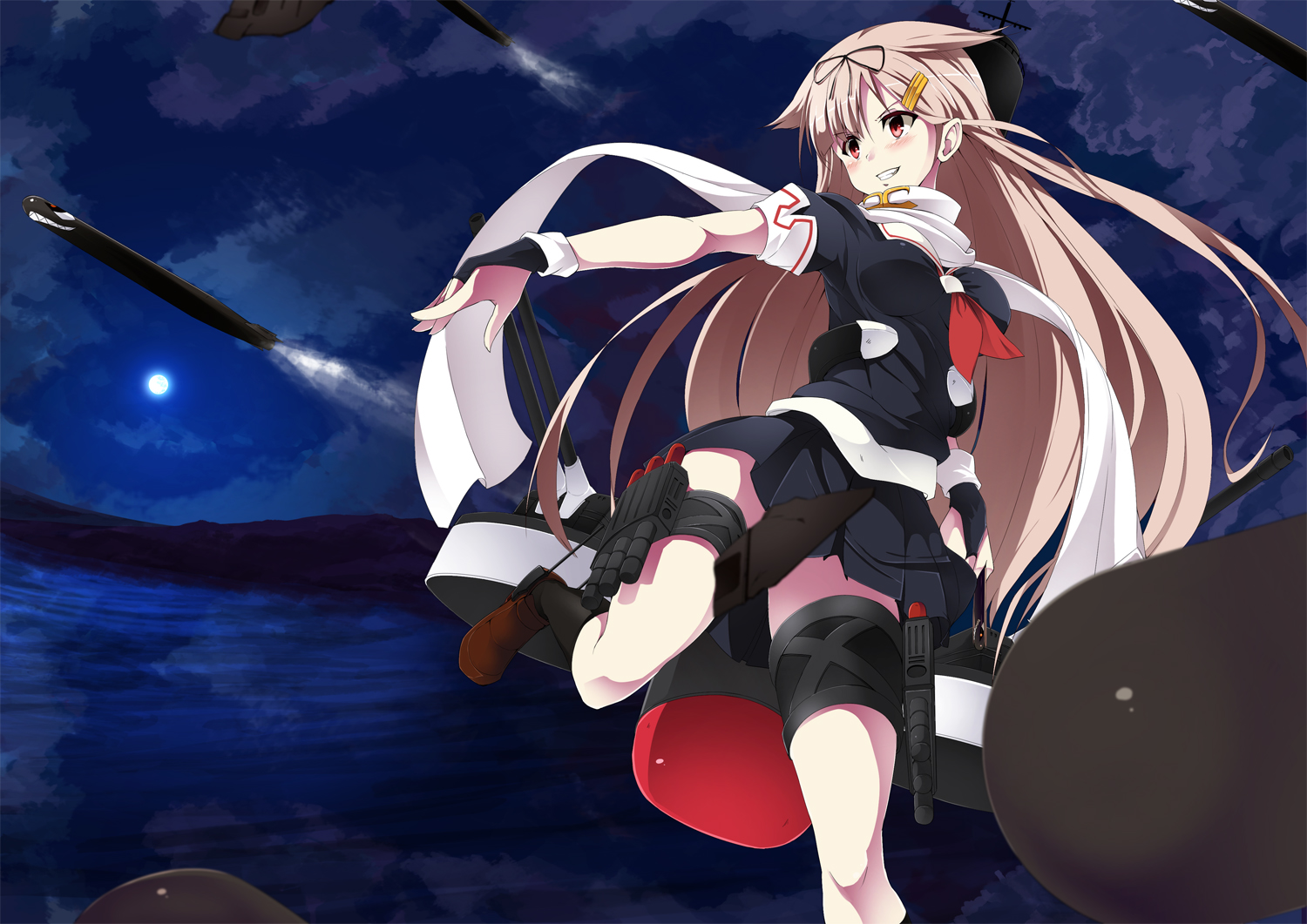 anthropomorphism, blonde_hair, gloves, kantai_collection, long_hair, moon, night, noa_(nagareboshi)