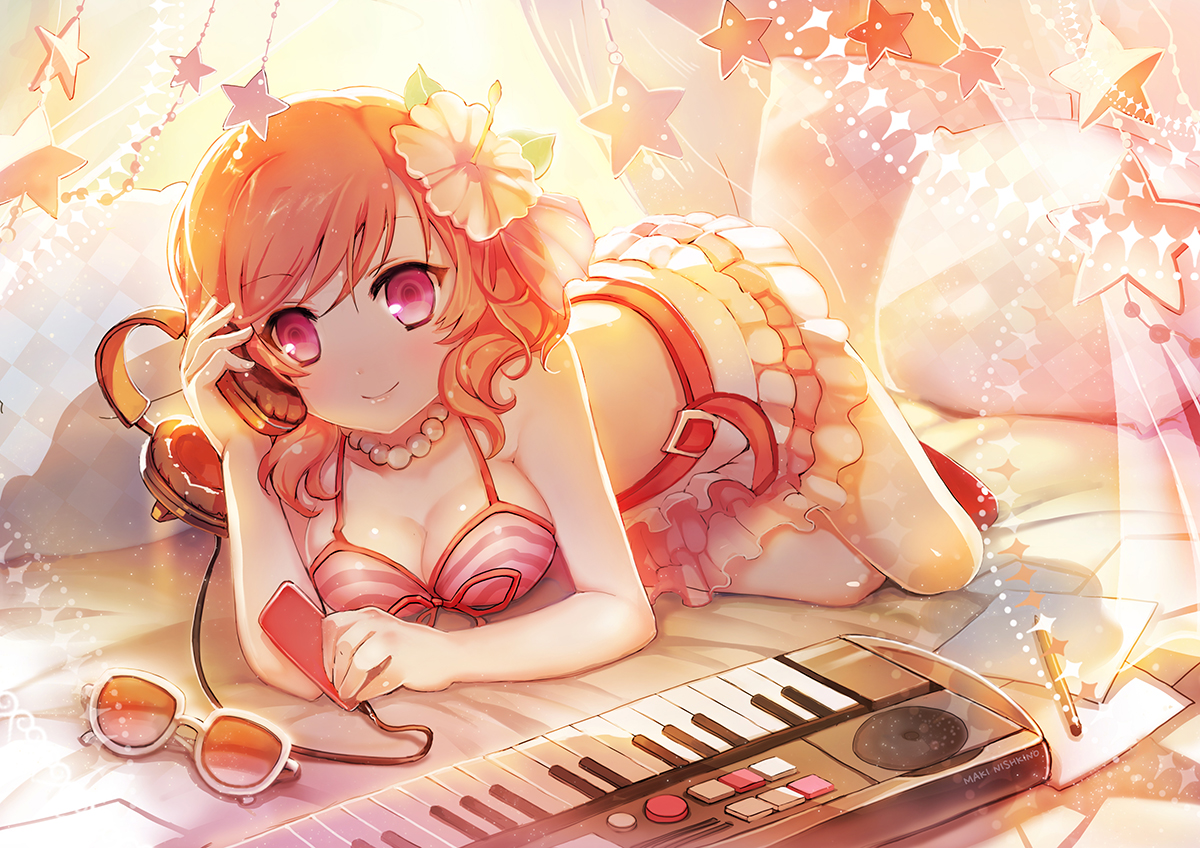 bed, bikini_top, breasts, cleavage, headphones, instrument, love_live!_school_idol_project, necklace, nishikino_maki, orange_hair, paper, piano, pink_eyes, short_hair, sibyl, skirt, sunglasses