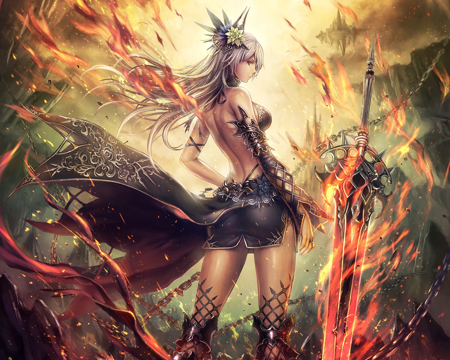 anbe_yoshirou, chain, cropped, fire, flowers, long_hair, original, purple_hair, red_eyes, sword, weapon