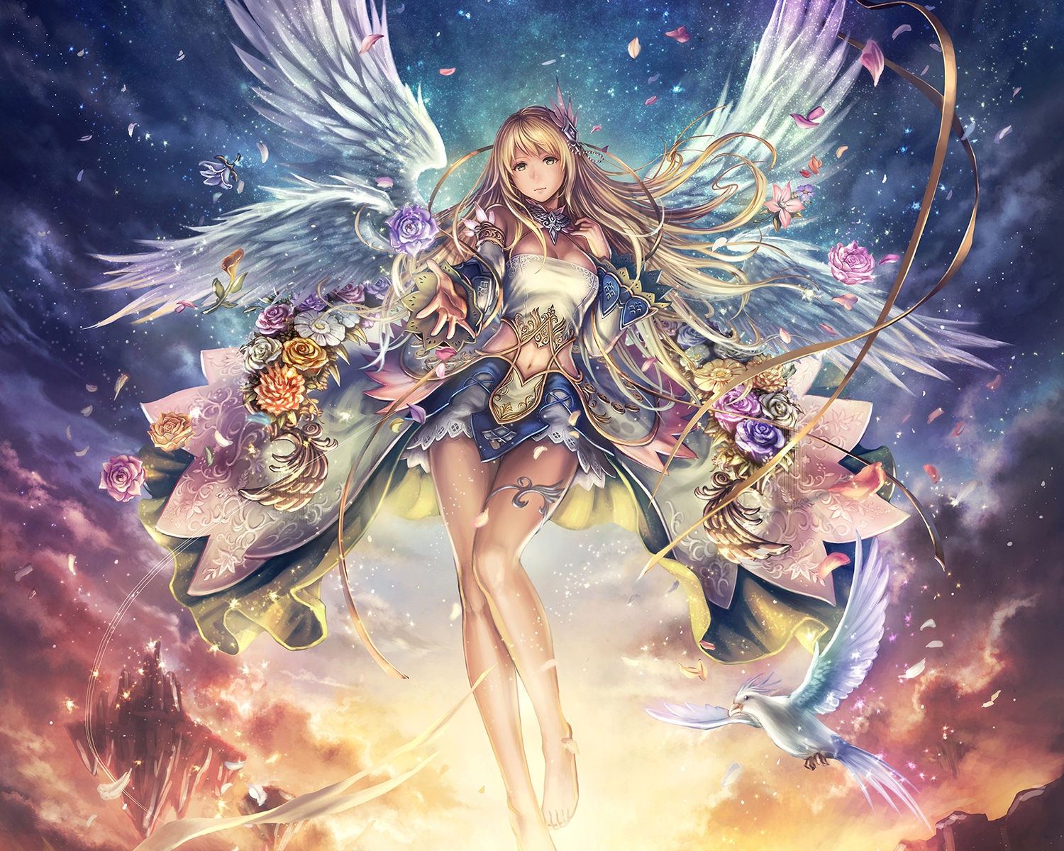 anbe_yoshirou, animal, bird, blonde_hair, breasts, cleavage, clouds, cropped