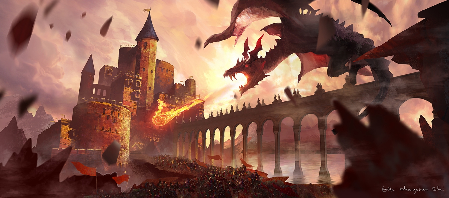 building, dragon, fire, lost_elle, original, pixiv_fantasia, signed, sky