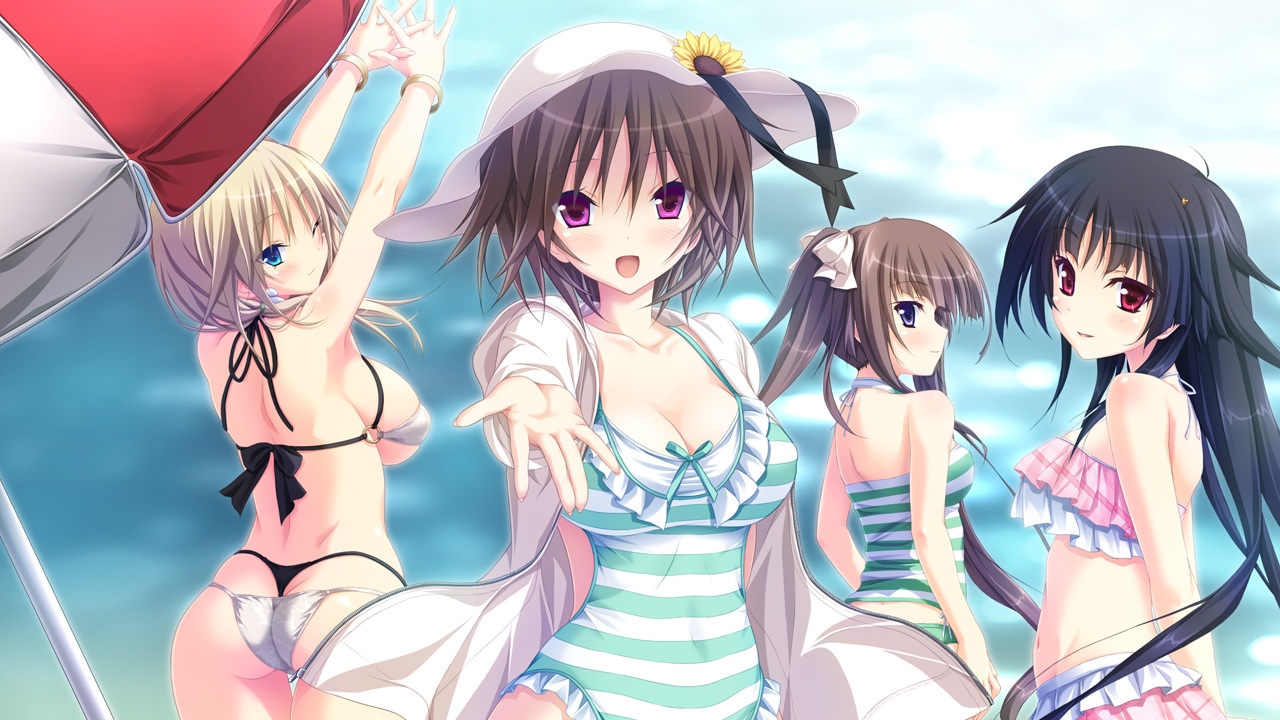 bikini, breasts, cleavage, game_cg, group, hapymaher, hasuno_saki, hat, hirasaka_keiko, koku, sideboob, swimsuit, tagme, toriumi_yuuko, umbrella, water, yayoi_b_lutwidge