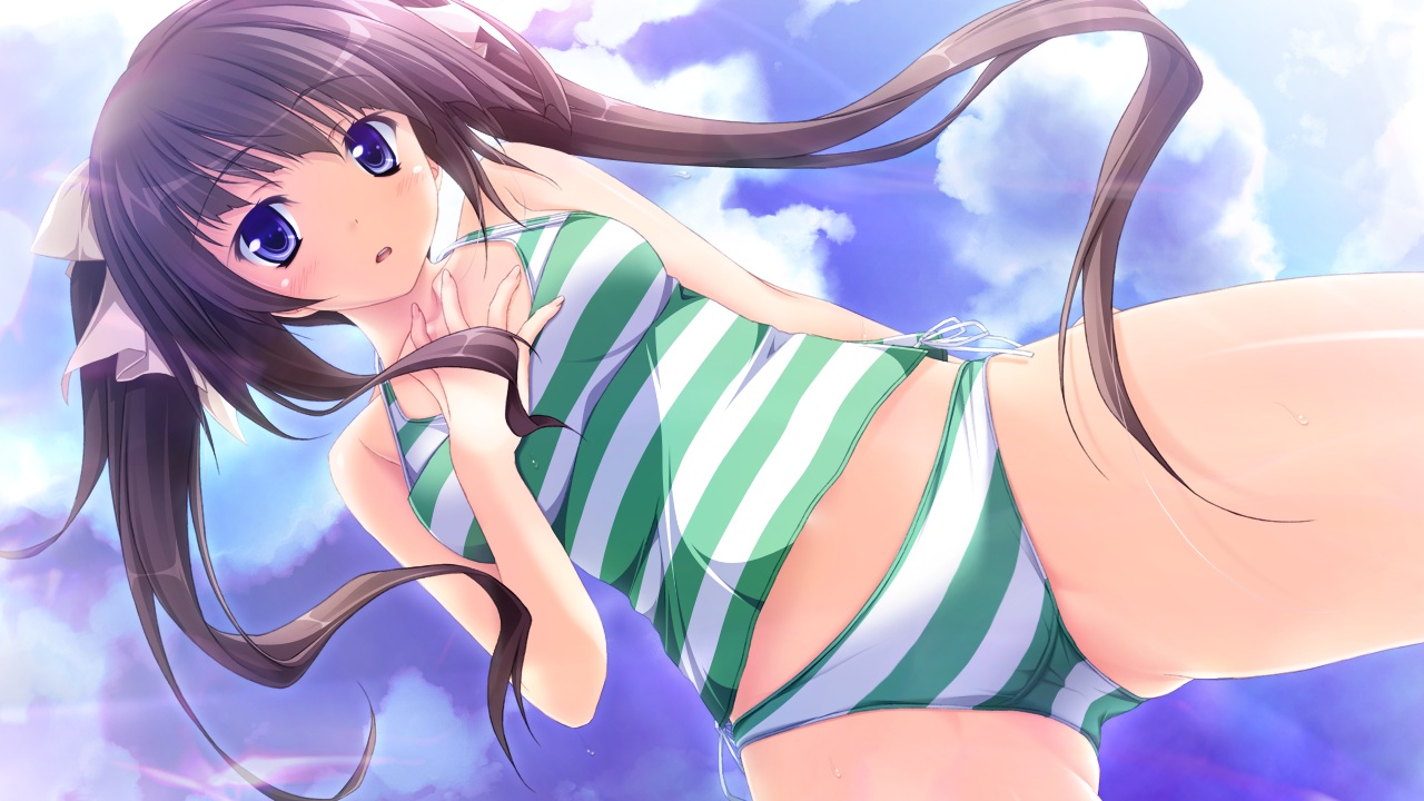 blue_eyes, brown_hair, game_cg, hapymaher, hirasaka_keiko, koku, long_hair, sky, swimsuit, tagme