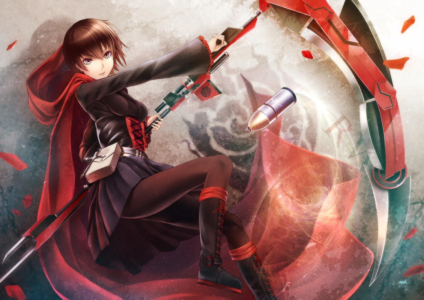 boots, brown_hair, cape, cross, oki_(koi0koi), pantyhose, red_eyes, ruby_rose, rwby, scythe, short_hair, skirt, weapon