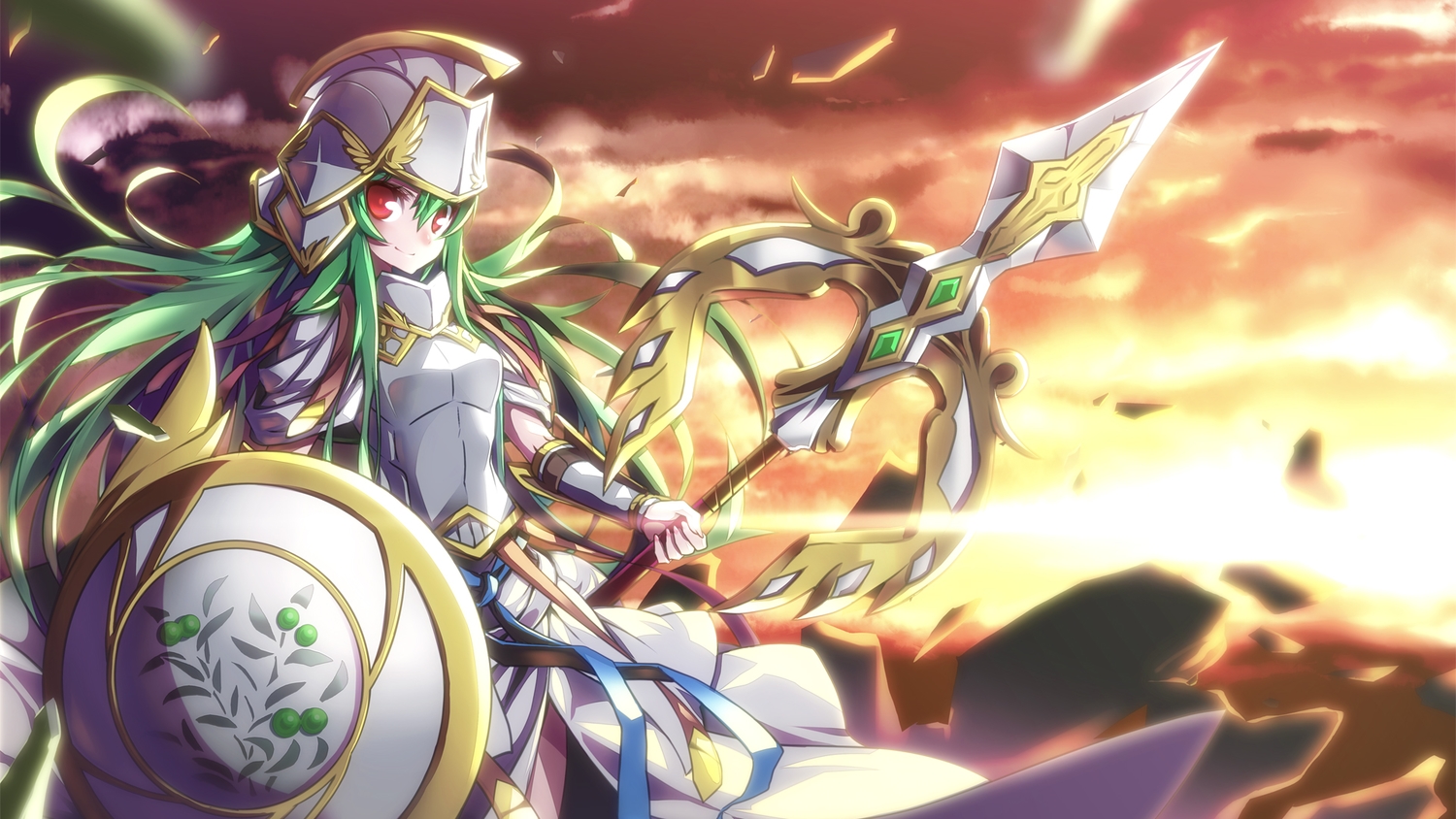 armor, athena_(p&d), green_hair, hong_(white_spider), puzzle_&_dragons, spear, weapon