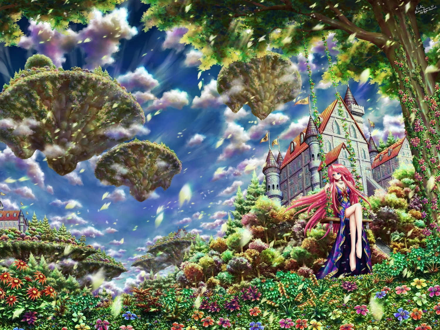 barefoot, blue_eyes, breasts, building, cleavage, clouds, e.k., flowers, grass, leaves, long_hair, original, pink_hair, scenic, signed, sky, tree