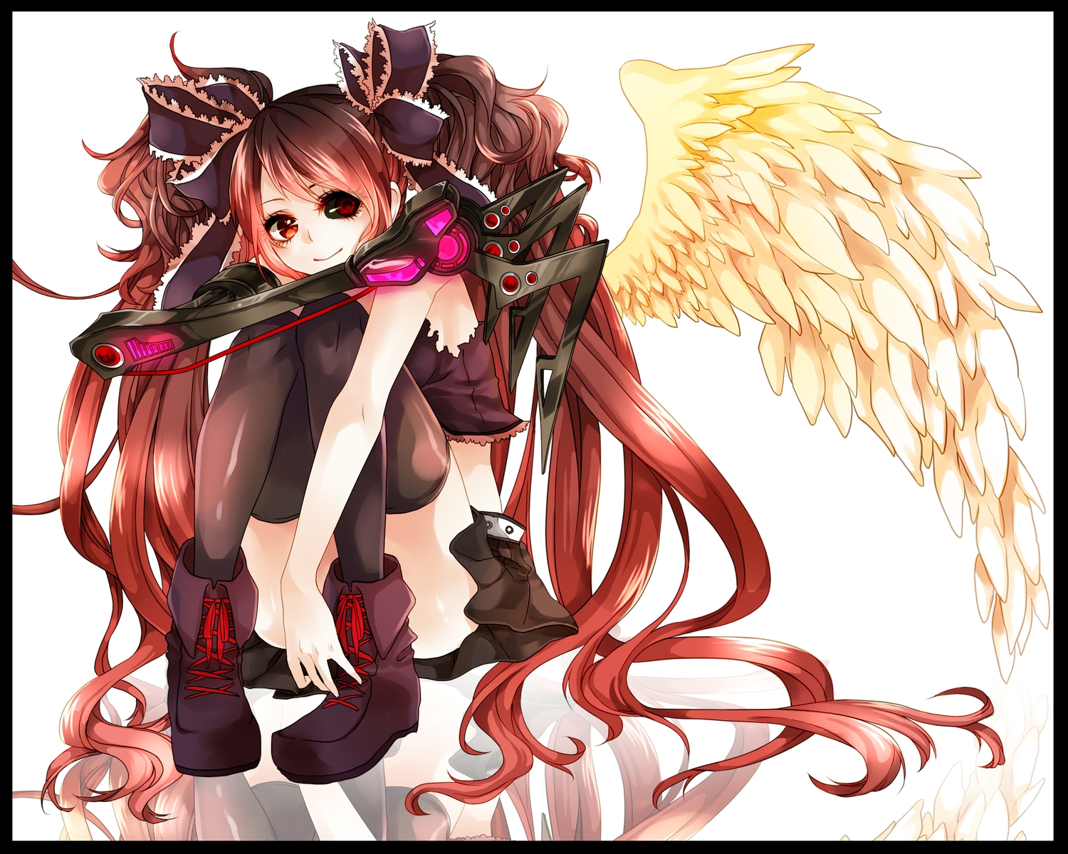 boots, calne_ca, conomi-c5, hatsune_miku, long_hair, red_eyes, red_hair, thighhighs, twintails, vocaloid, wings